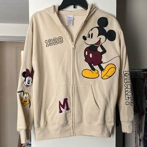 Disney Cream Embroidered Mickey Mouse Womens Full Zip Hoodie, Size S NW/OT